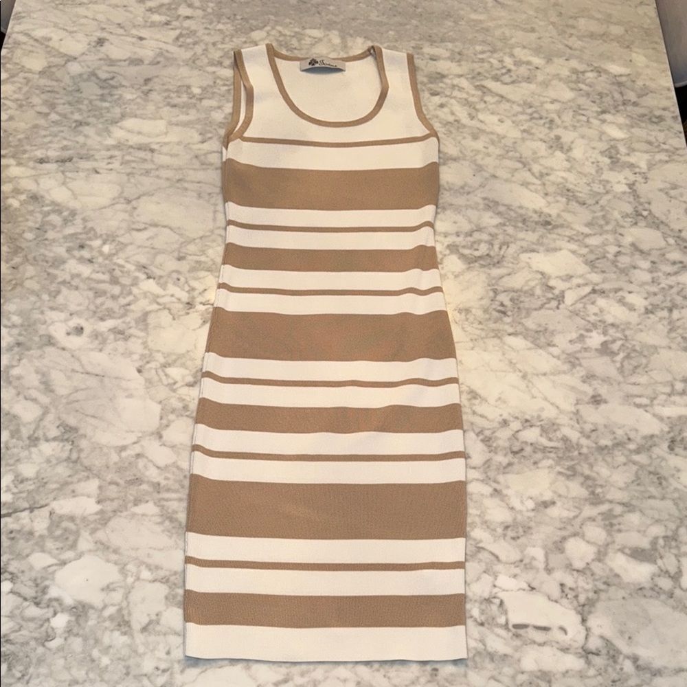 Elegant Tan and White Striped Dress S